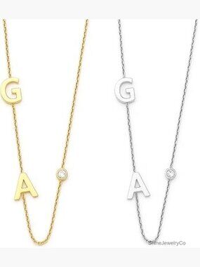 14k Solid Gold Sideways Initial Necklace with Solitaire Diamond